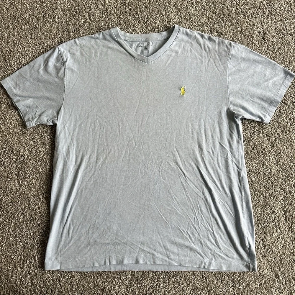Polo Ralph Lauren Shirt Mens M Blue V‎ Neck Yellow Pony Logo Classic Fit